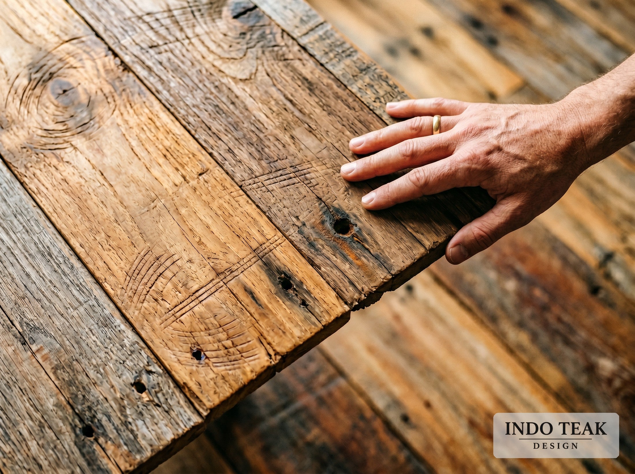 Engineered Teak Flooring 5.25" — Multi-Face Patina — grain texture detail