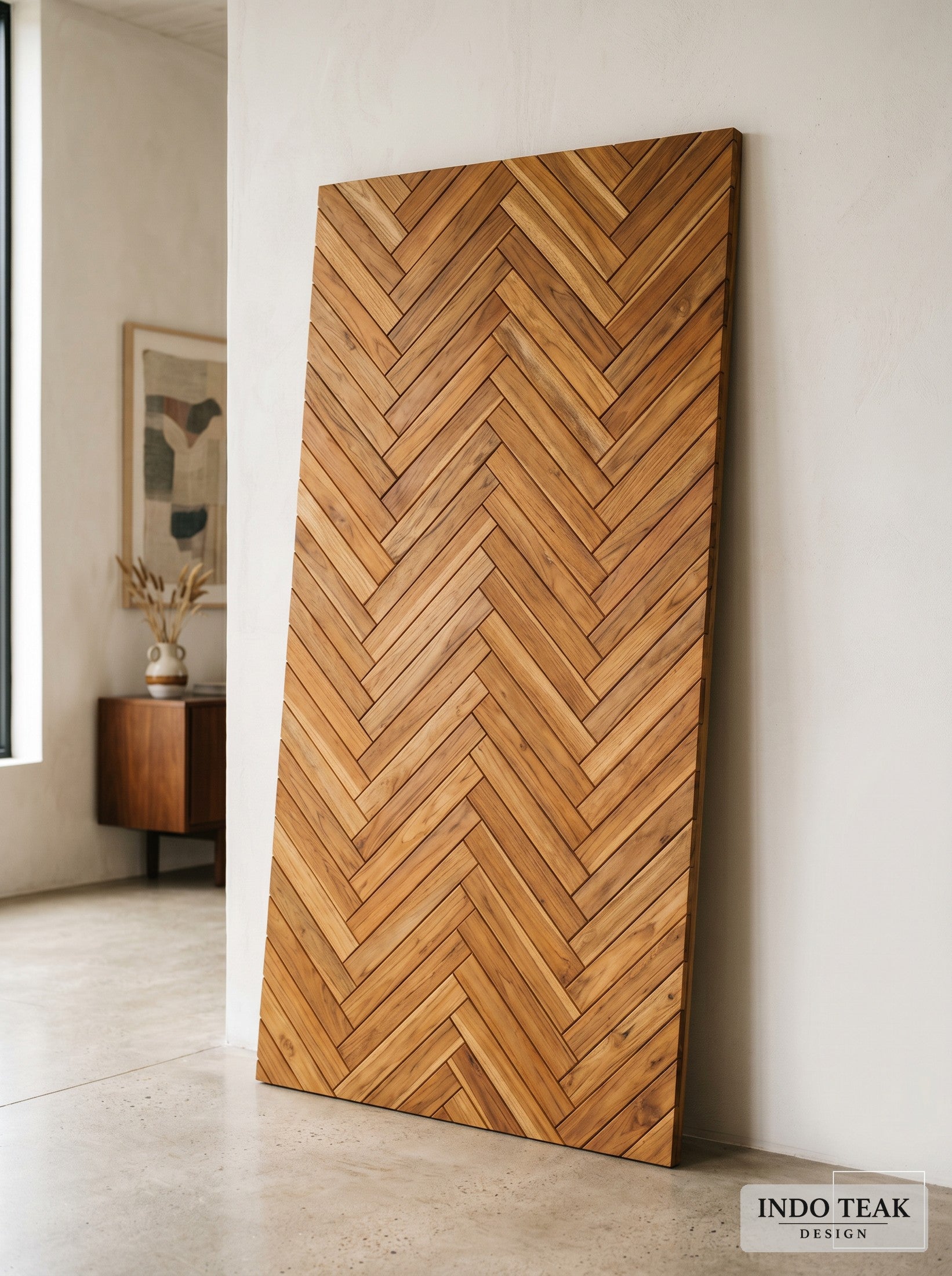 Teak Herringbone Wall Panel — 4' x 8' — product detail