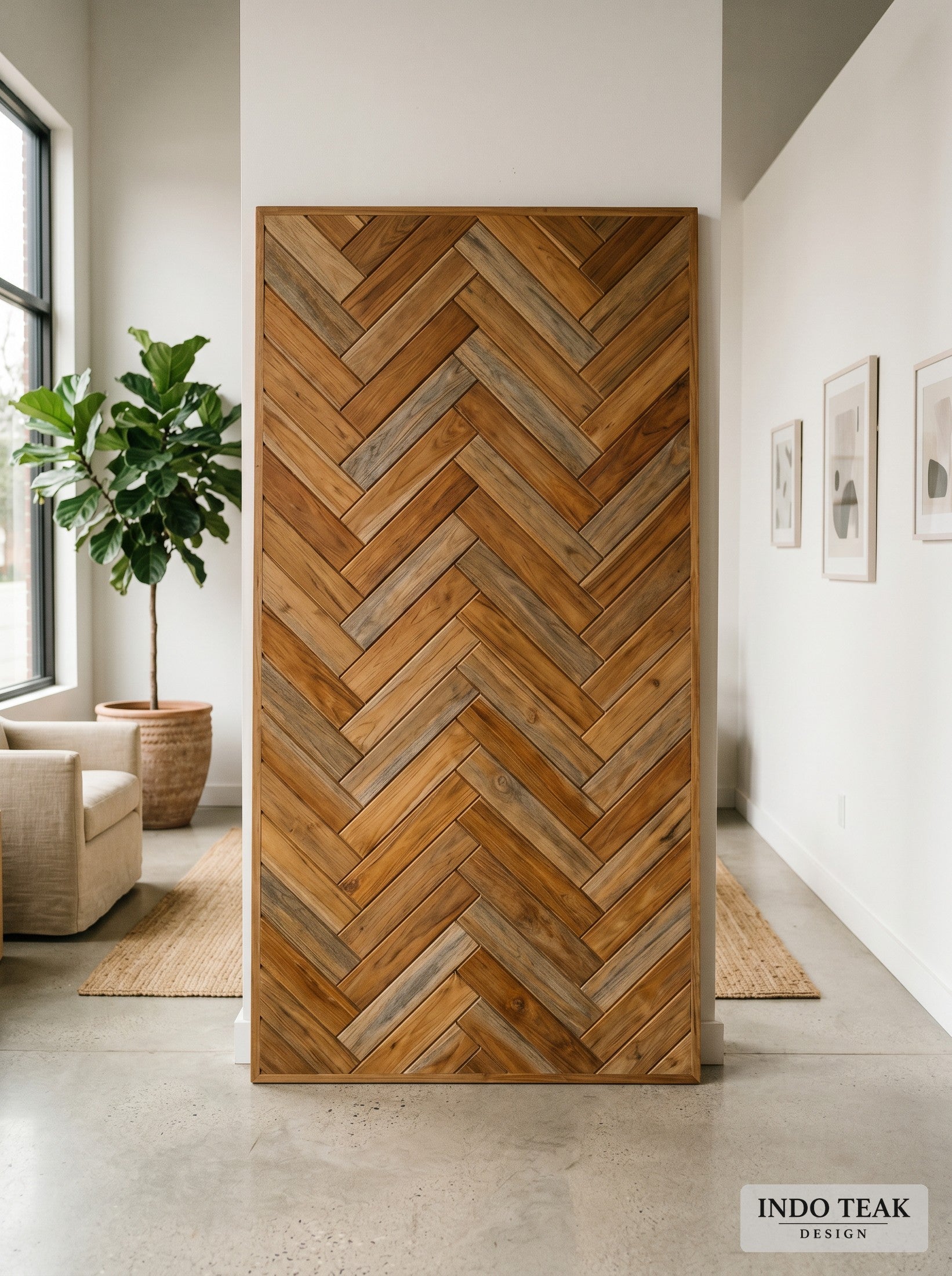 Teak Herringbone Wall Panel — 4' x 8' — in-context application