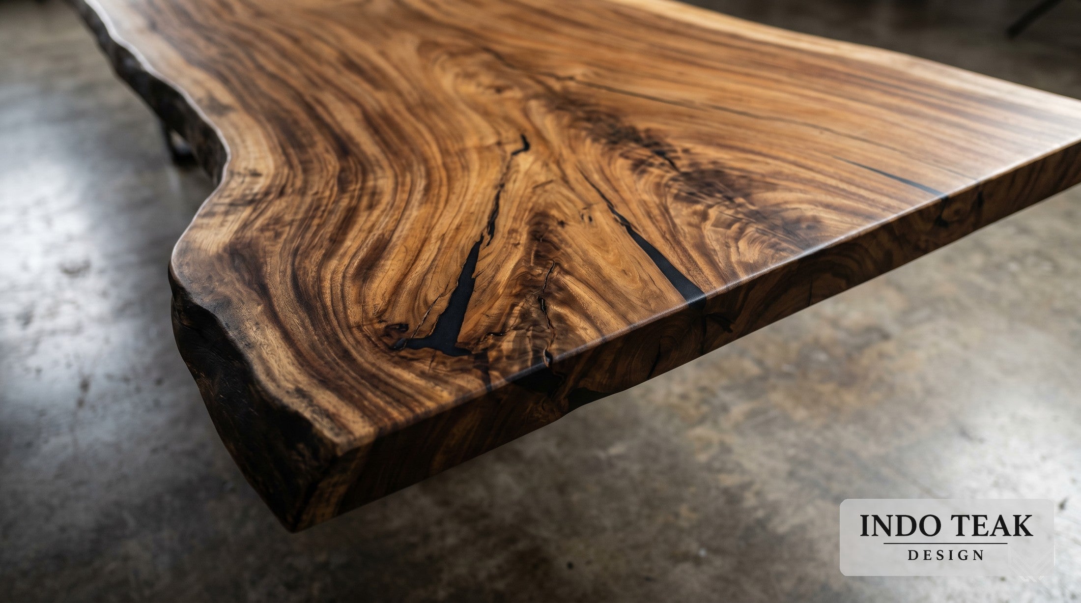Live-Edge Reclaimed Teak Slab — 8' Dining Top — grain texture detail