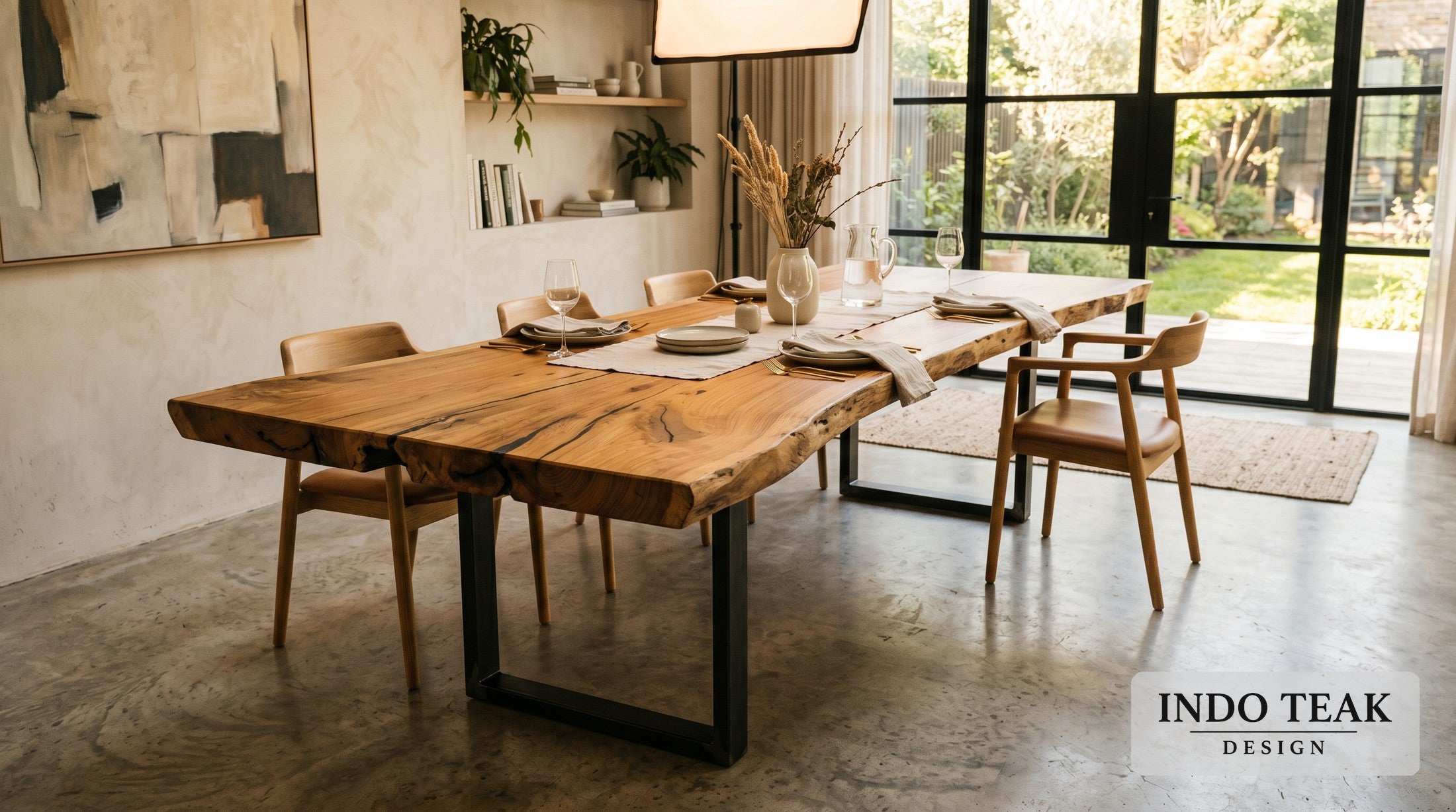 Live-Edge Reclaimed Teak Slab — 8' Dining Top — in-context application