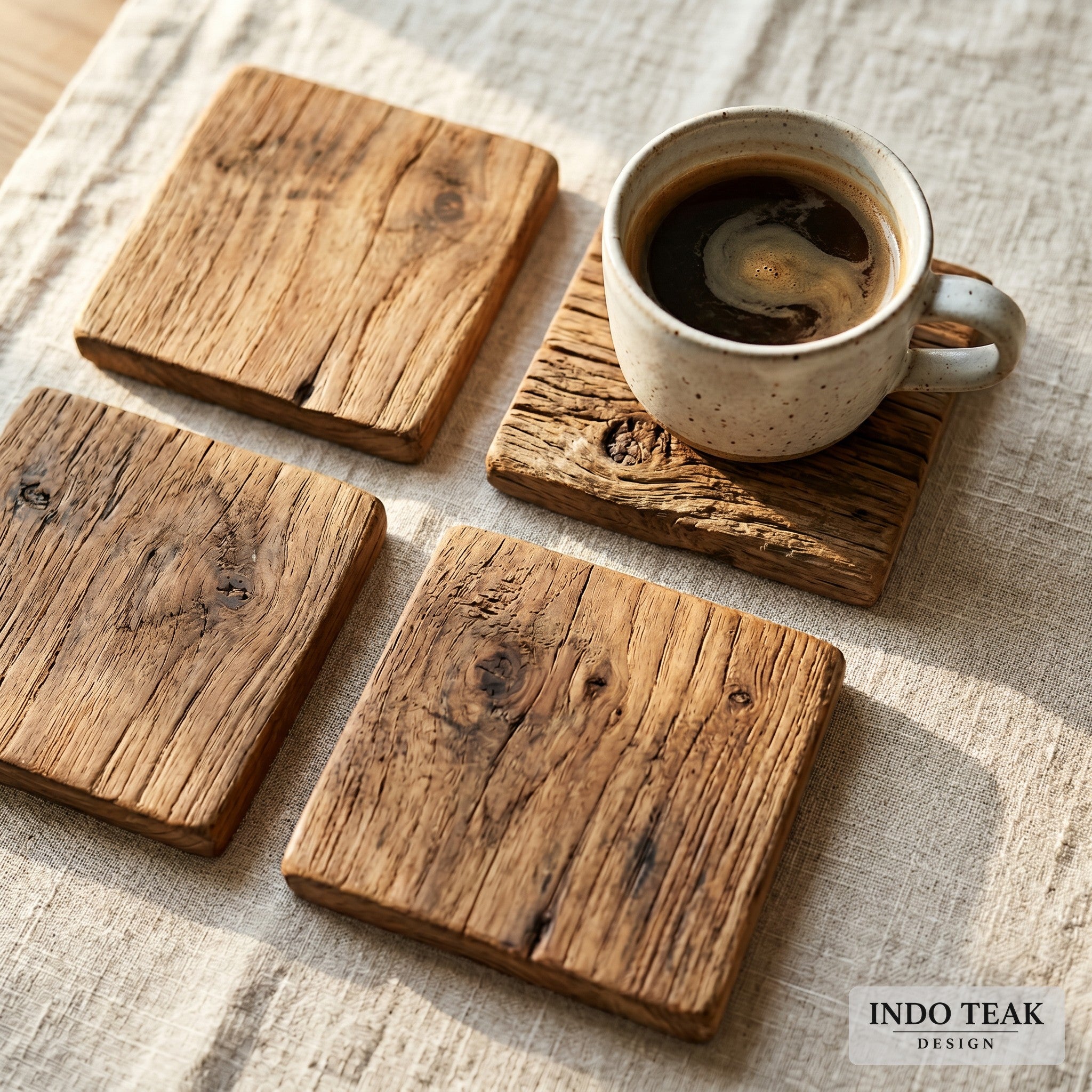 Reclaimed Teak Coaster Set (4) — grain texture detail