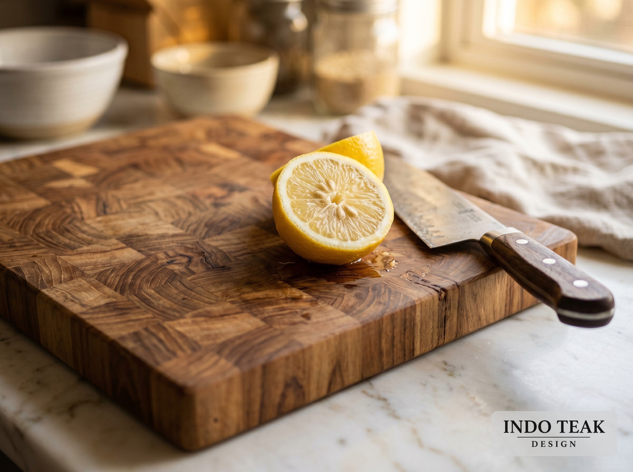 Reclaimed Teak End-Grain Cutting Board — grain texture detail