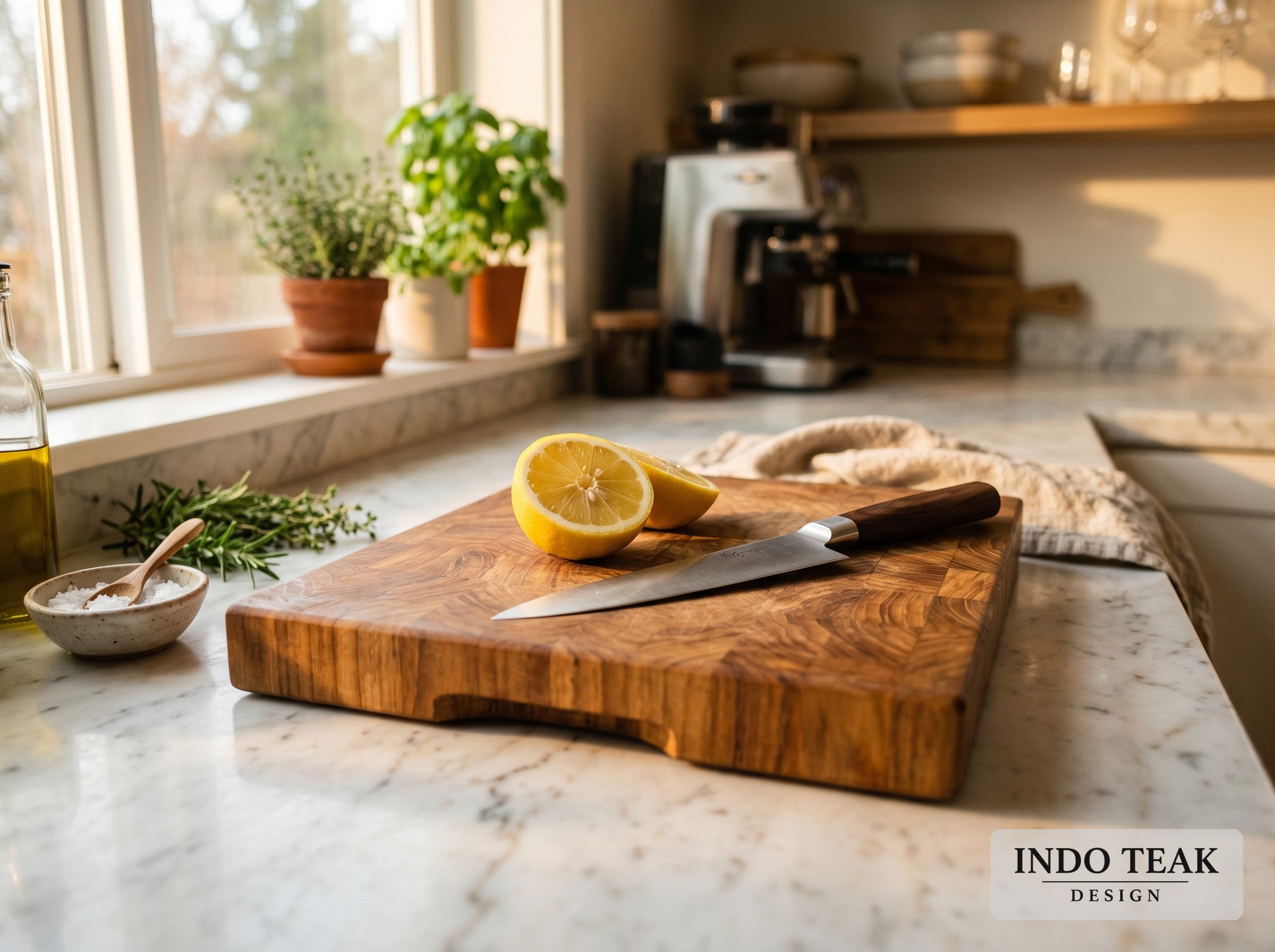 Reclaimed Teak End-Grain Cutting Board — in-context application