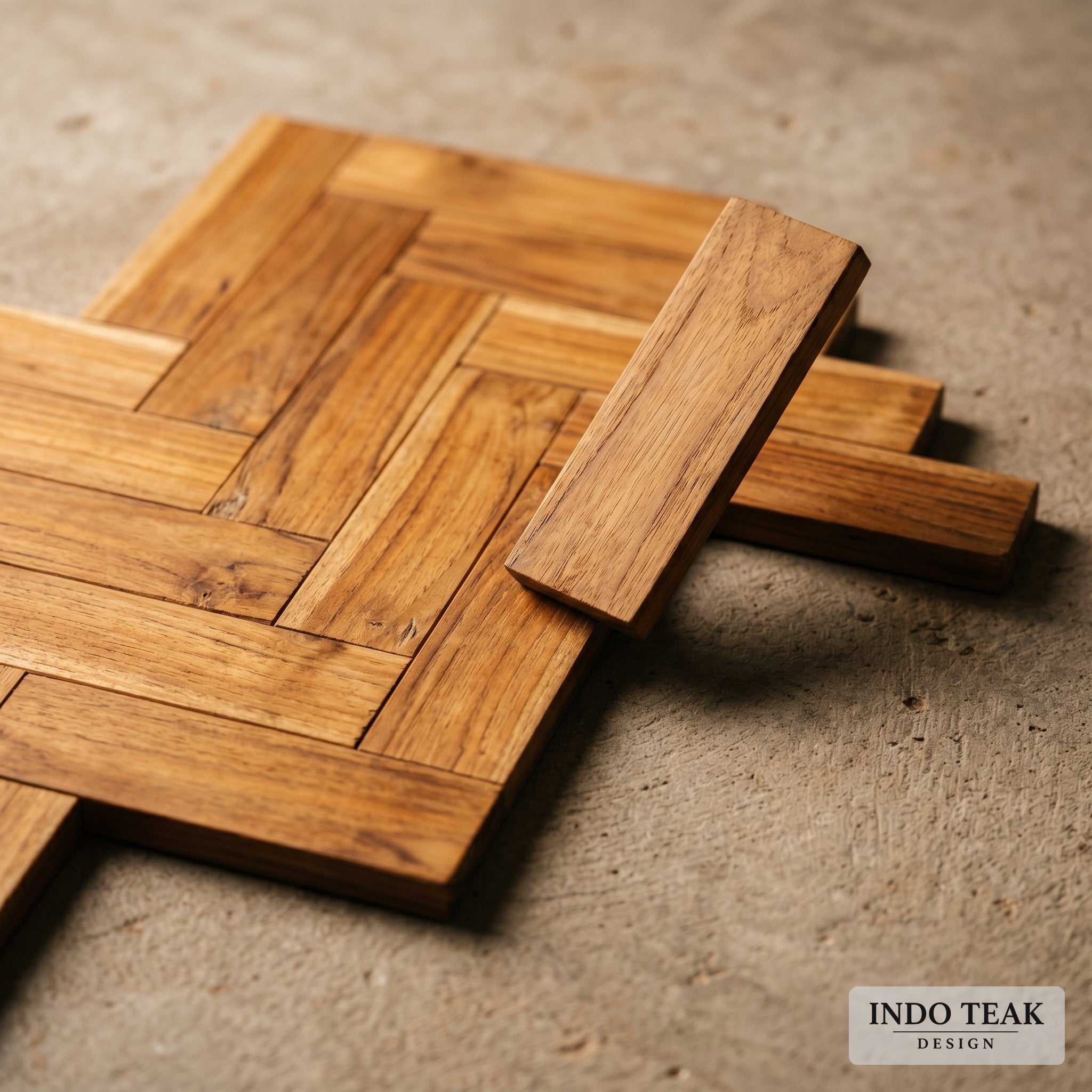 Emma Teak Tile — Herringbone Weave Box — grain texture detail