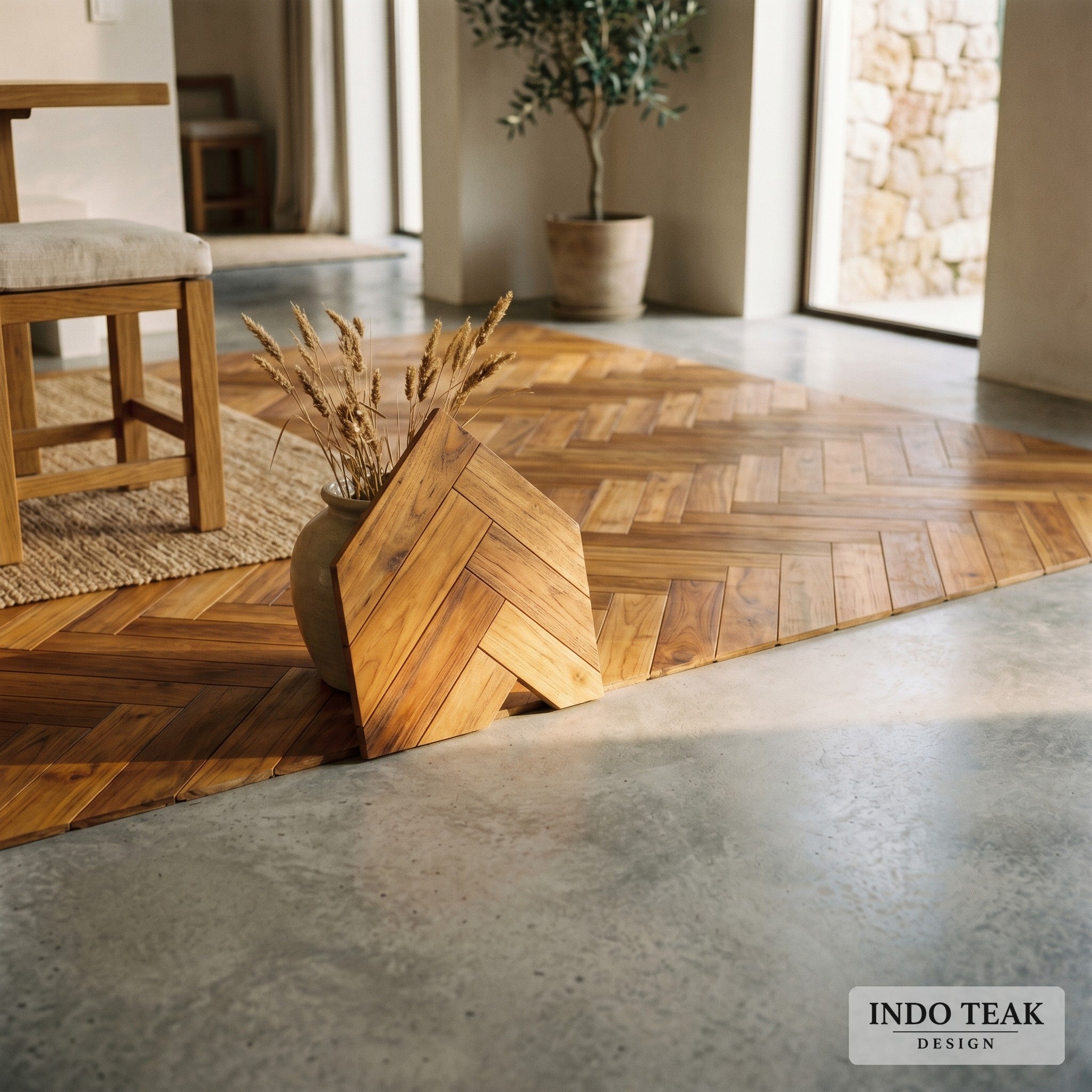 Emma Teak Tile — Herringbone Weave Box — in-context application