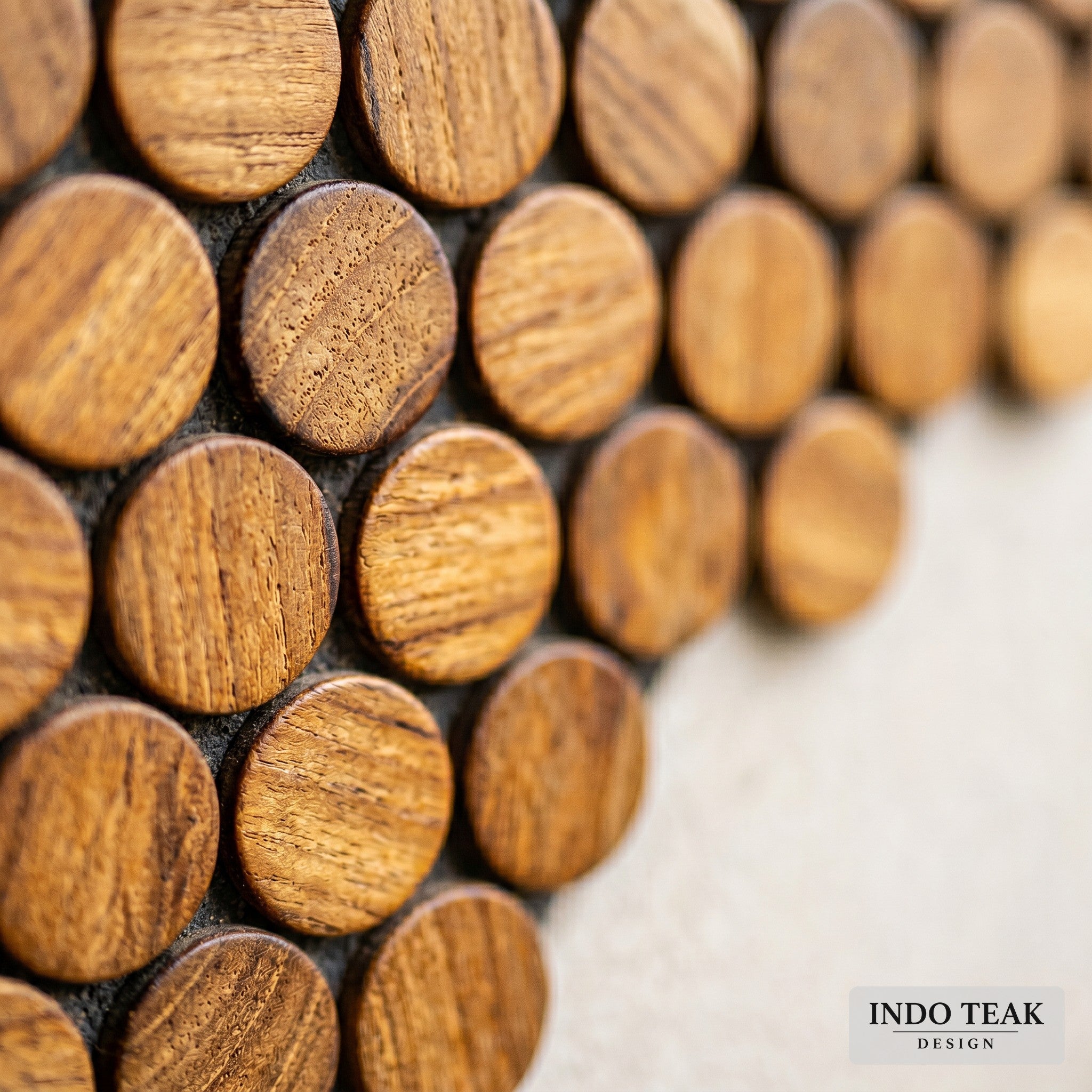 Pennyround Mosaic Teak Tile — grain texture detail