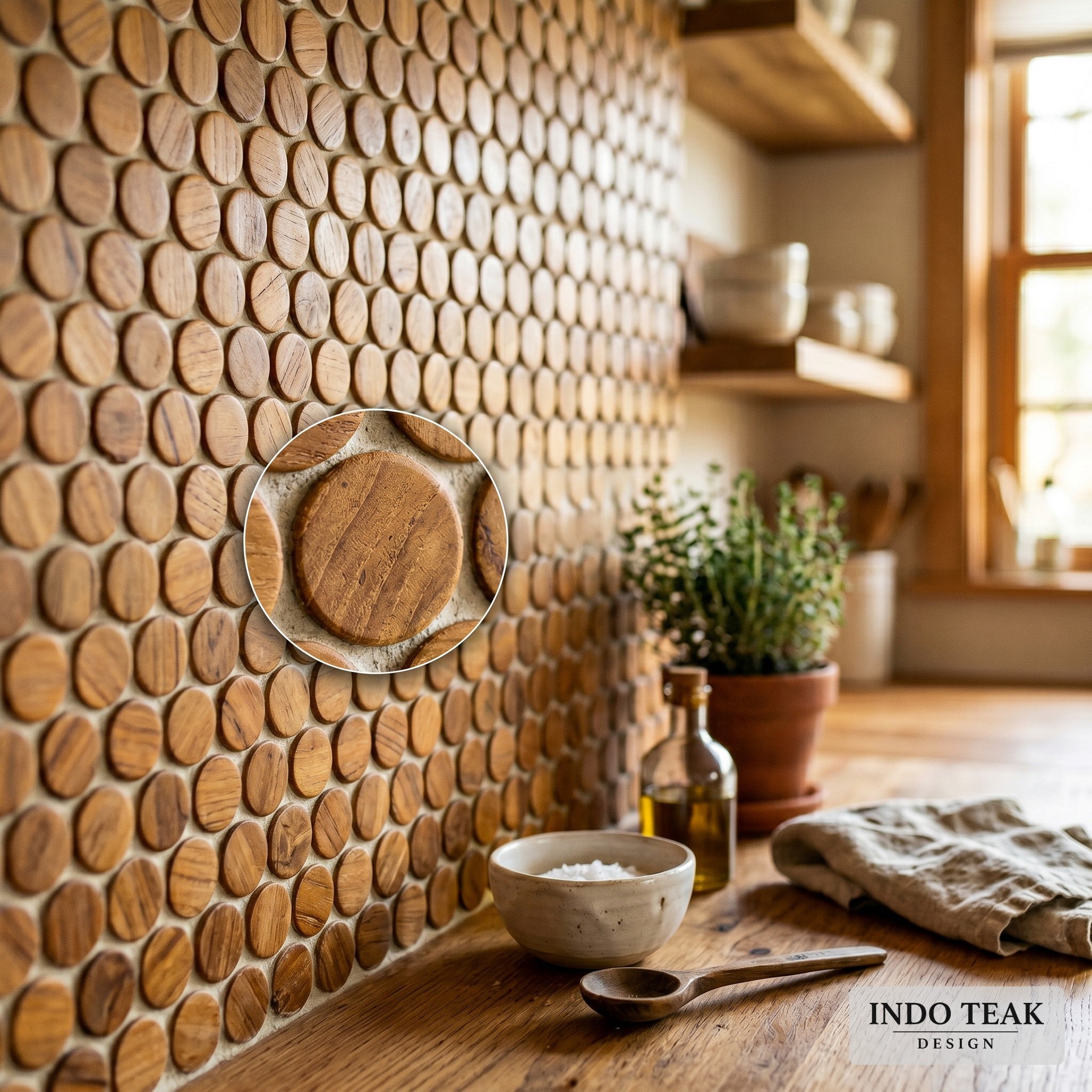 Pennyround Mosaic Teak Tile — in-context application